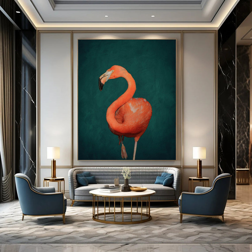 “Pink Flamingo on Dark Green” - Wildlife Portrait Painting On Canvas PT1920