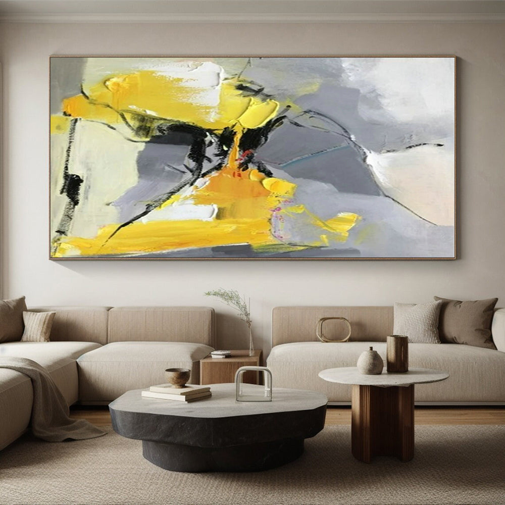 “Gray - Yellow Abstract Dance” - Gray, Yellow, Black Abstract Fluid Painting On Canvas PS0618