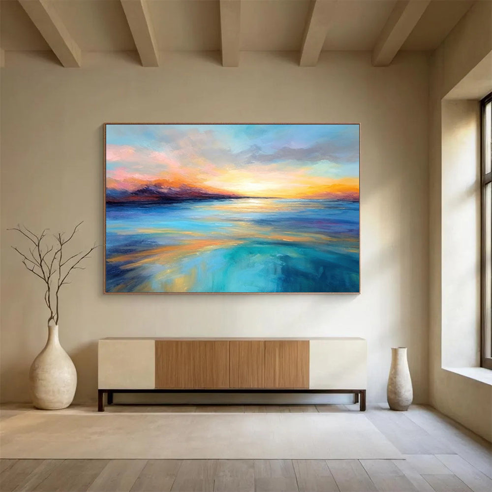 “Vibrant Sunset Sea in Pink and Blue” - Expressive Marine Painting On Canvas PT069