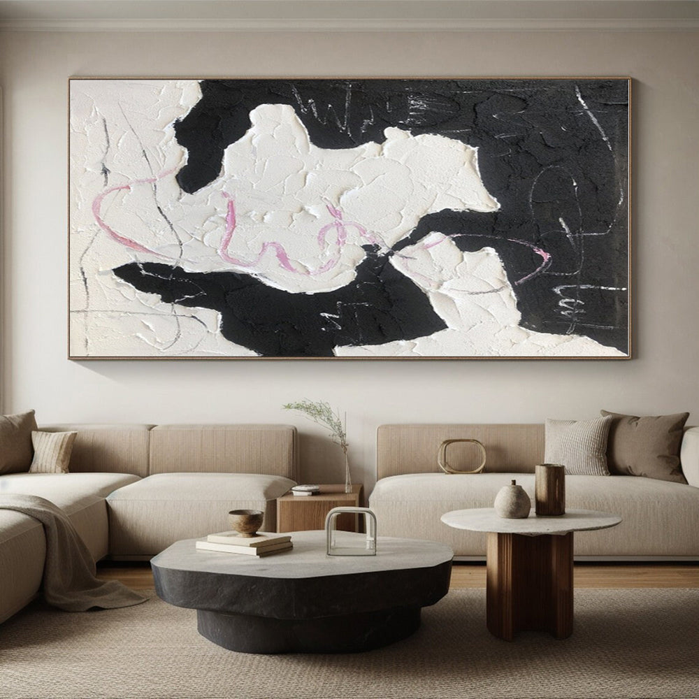 “Textured Black - White - Pink” - Black, White, Pink Textured Abstract Painting On Canvas PS0773