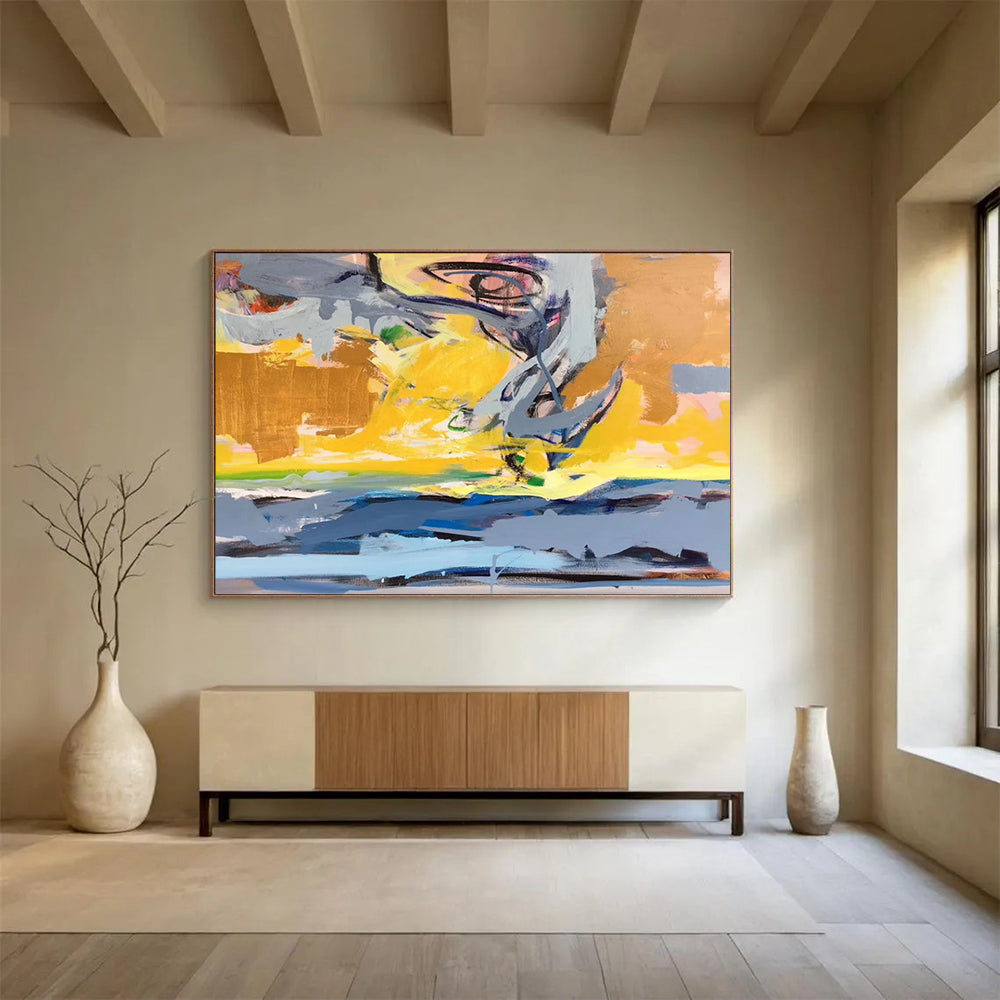 “Dynamic Abstract Coastal in Yellows, Grays & Blues” - Energetic Modern Oil Painting On Canvas PT034