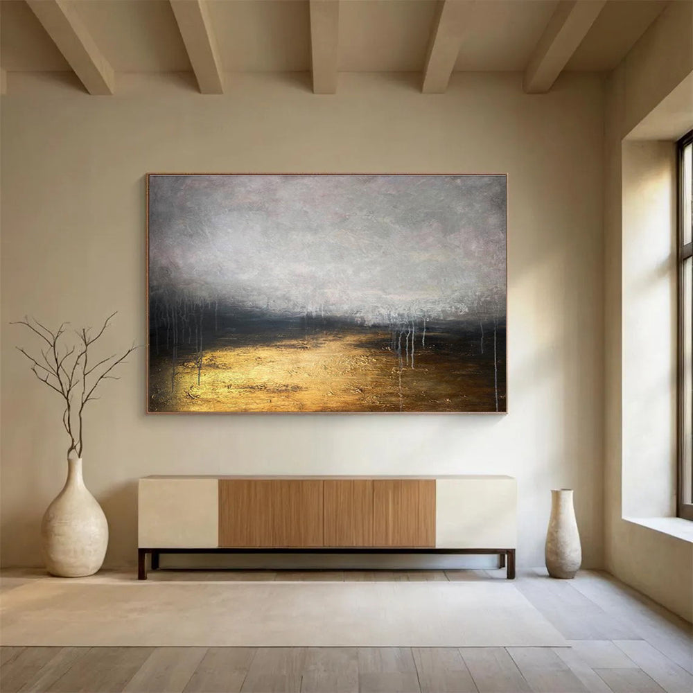 “Gilded Gray Abyss” - Gray, Gold & Black Abstract, Mixed - Media Painting On Canvas DKS782