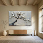 “White Blossom Tree” - Gray, White & Black Textured Tree, 3D Floral Relief Painting On Canvas DKS695