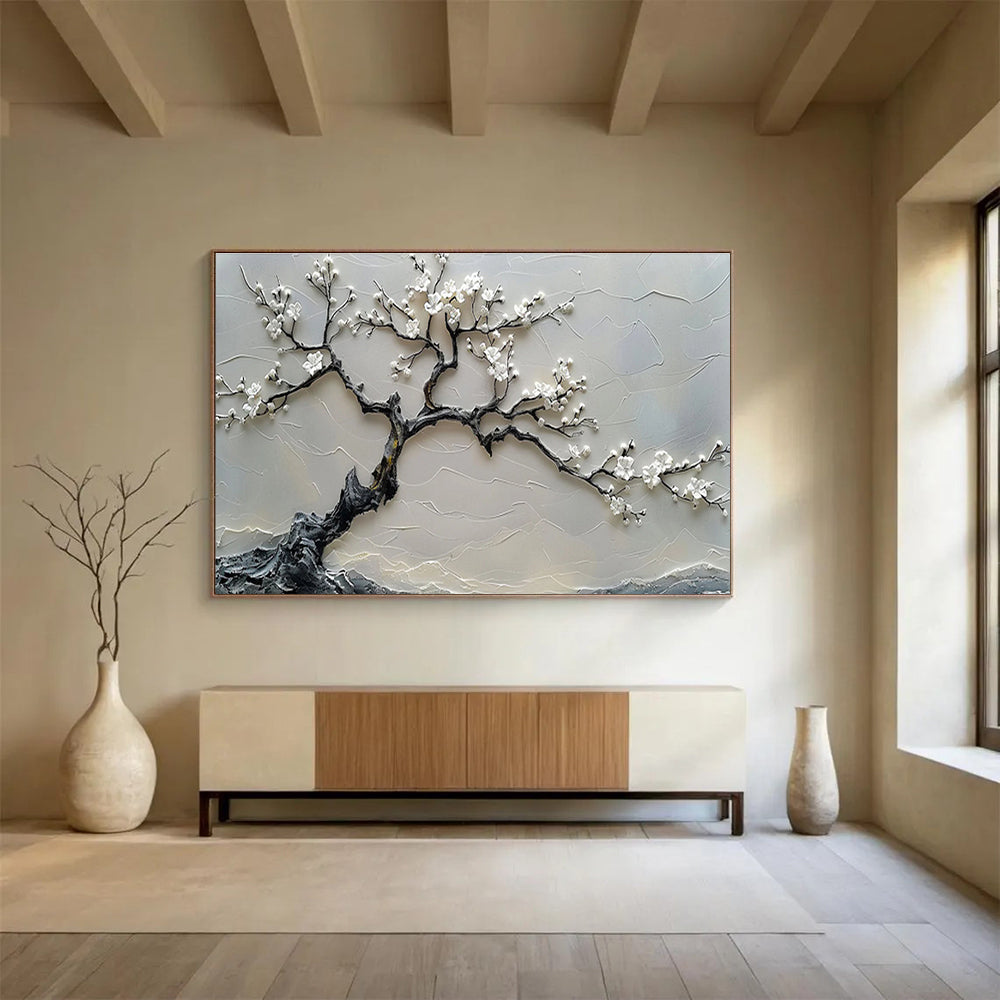 “White Blossom Tree” - Gray, White & Black Textured Tree, 3D Floral Relief Painting On Canvas DKS695
