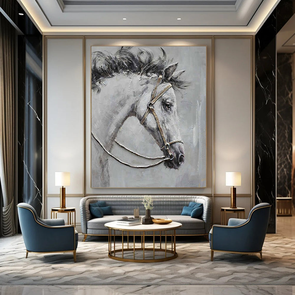 “Gray Horse with Bridle” - Textured Oil Painting On Canvas PT2179