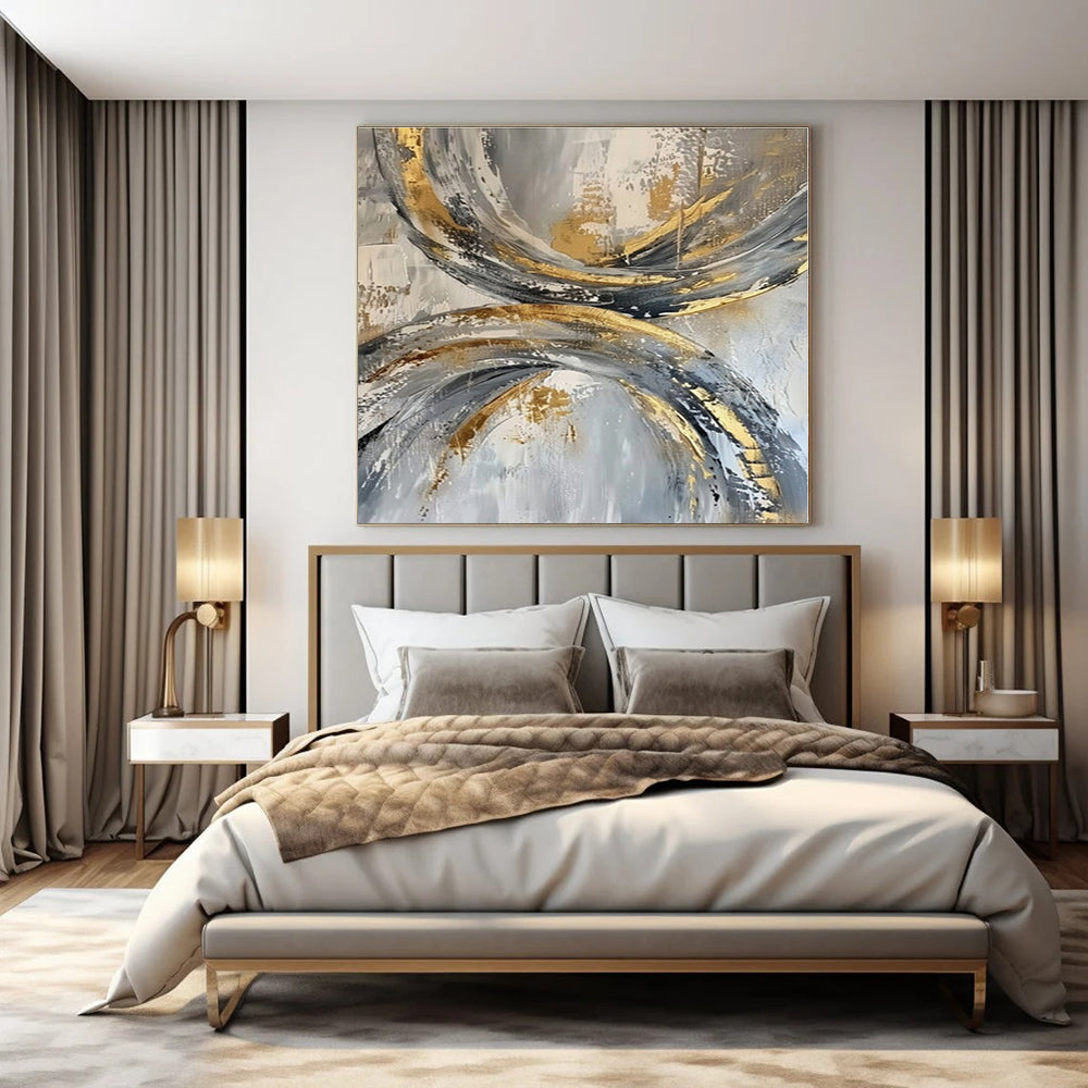 Gray, Gold, White with Circular Textures "Gilded Orbits" Abstract Painting On Canvas PS1266