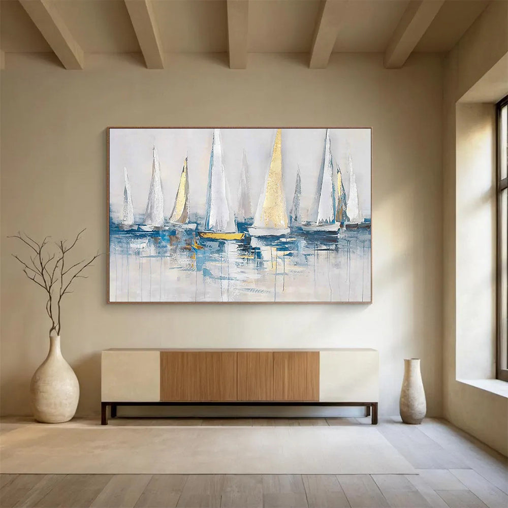 “White - Gold Sailboats” - Impressionistic Nautical Painting On Canvas PT257