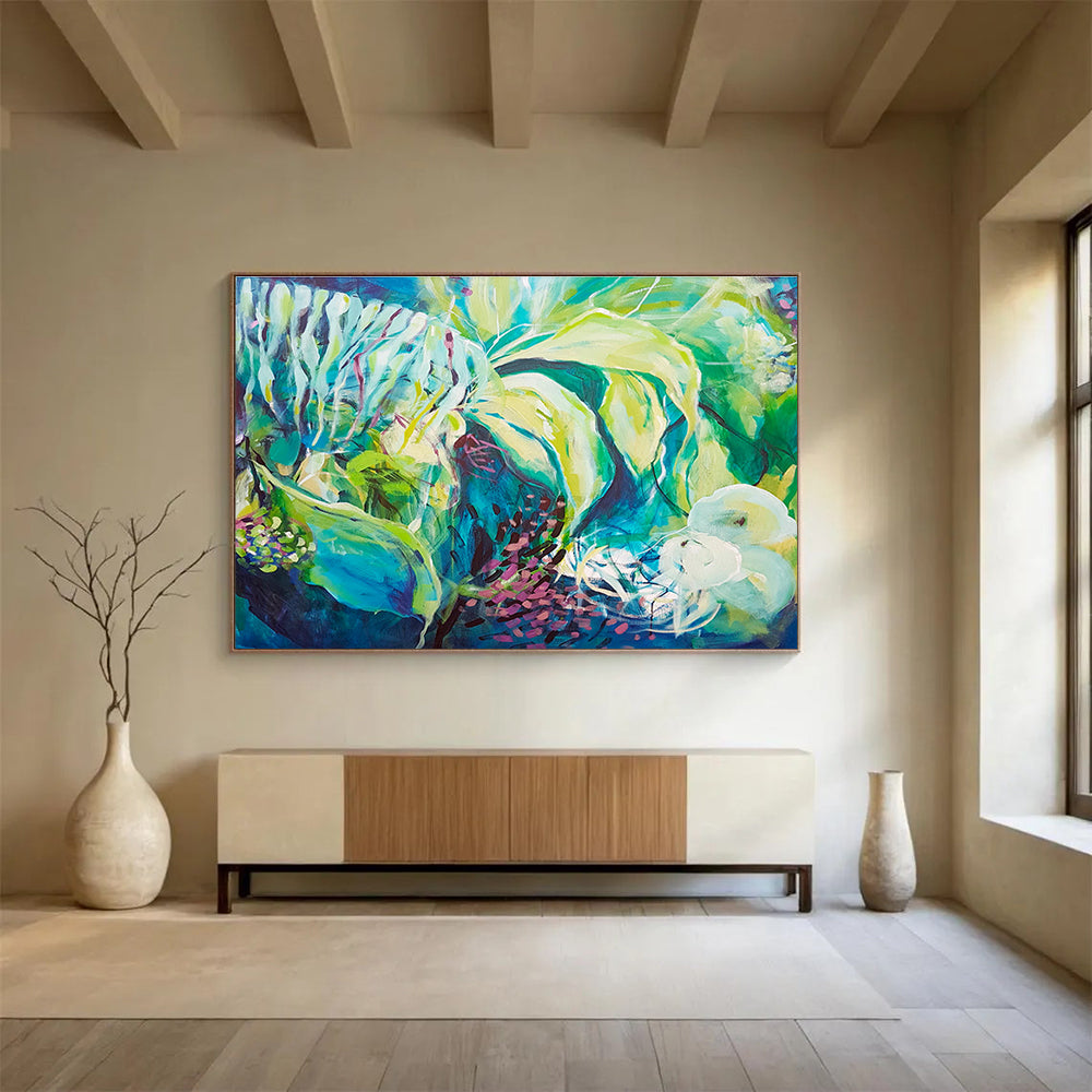 Vibrant Green & Blue Abstract Nature Painting On Canvas DKS055