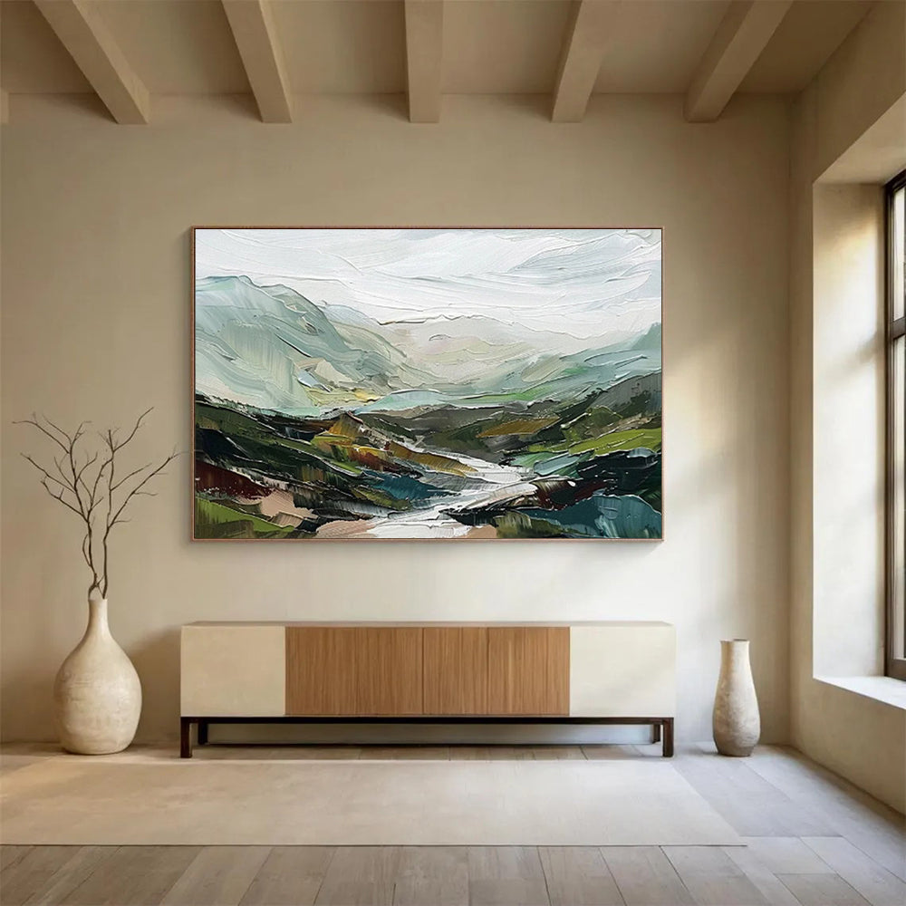 “Textured Mountainscape” - Green, Blue & Gray Abstract, Palette Knife Painting On Canvas DKS725