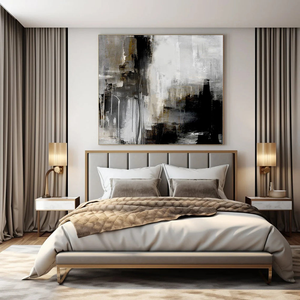 Gray, Black, White and Gold with Dripping Effects "Urban Drizzle" Abstract Painting On Canvas PS1130