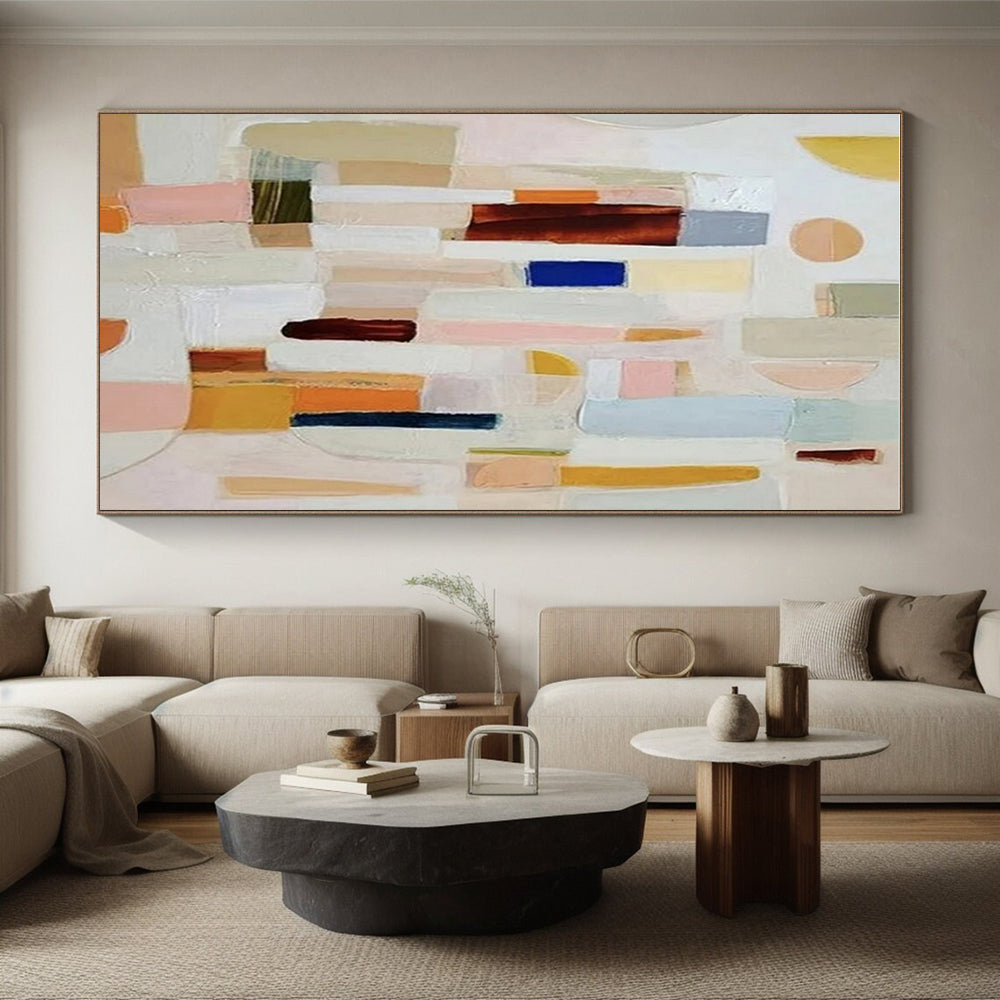 “Colorful Abstract Blocks” - Multicolor, Pink, Blue, Yellow, Brown Abstract Cubist Painting On Canvas PS0659