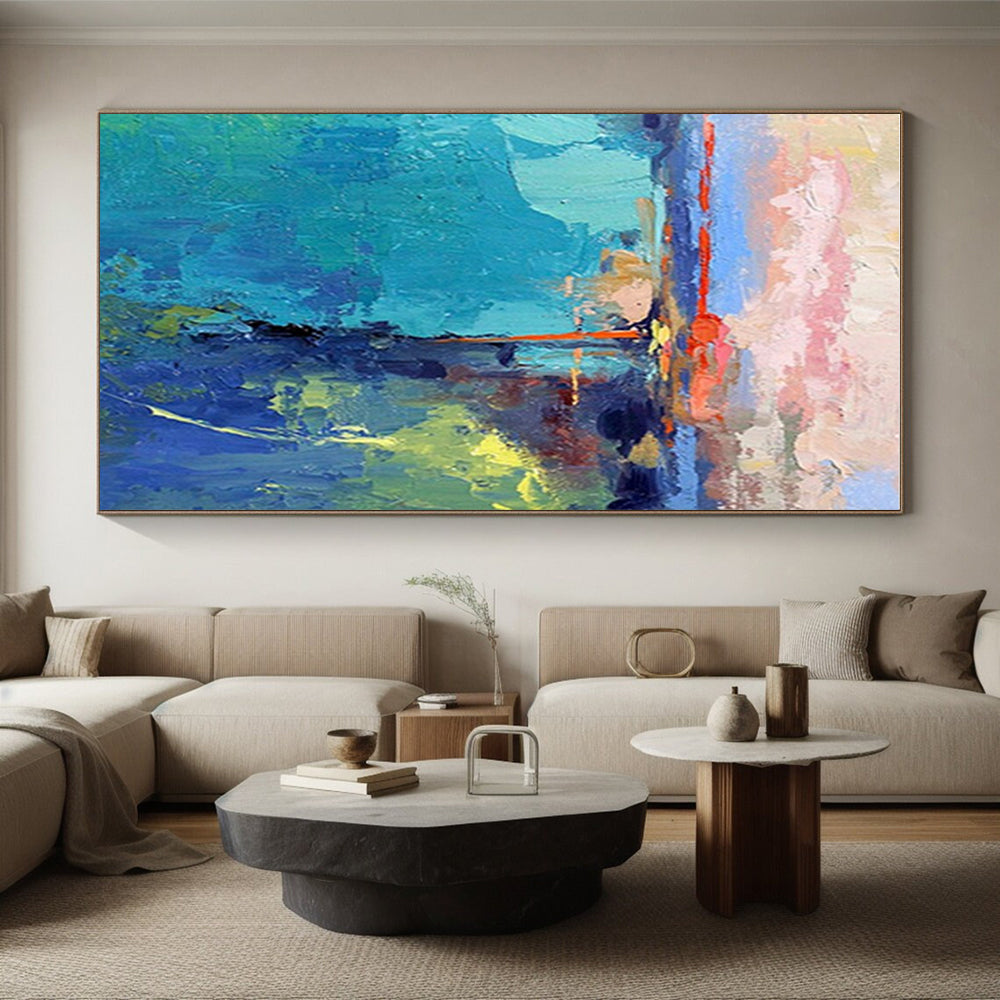 “Colorful Abstract Landscape” - Blue, Green, Pink Abstract Landscape Painting On Canvas PS0720