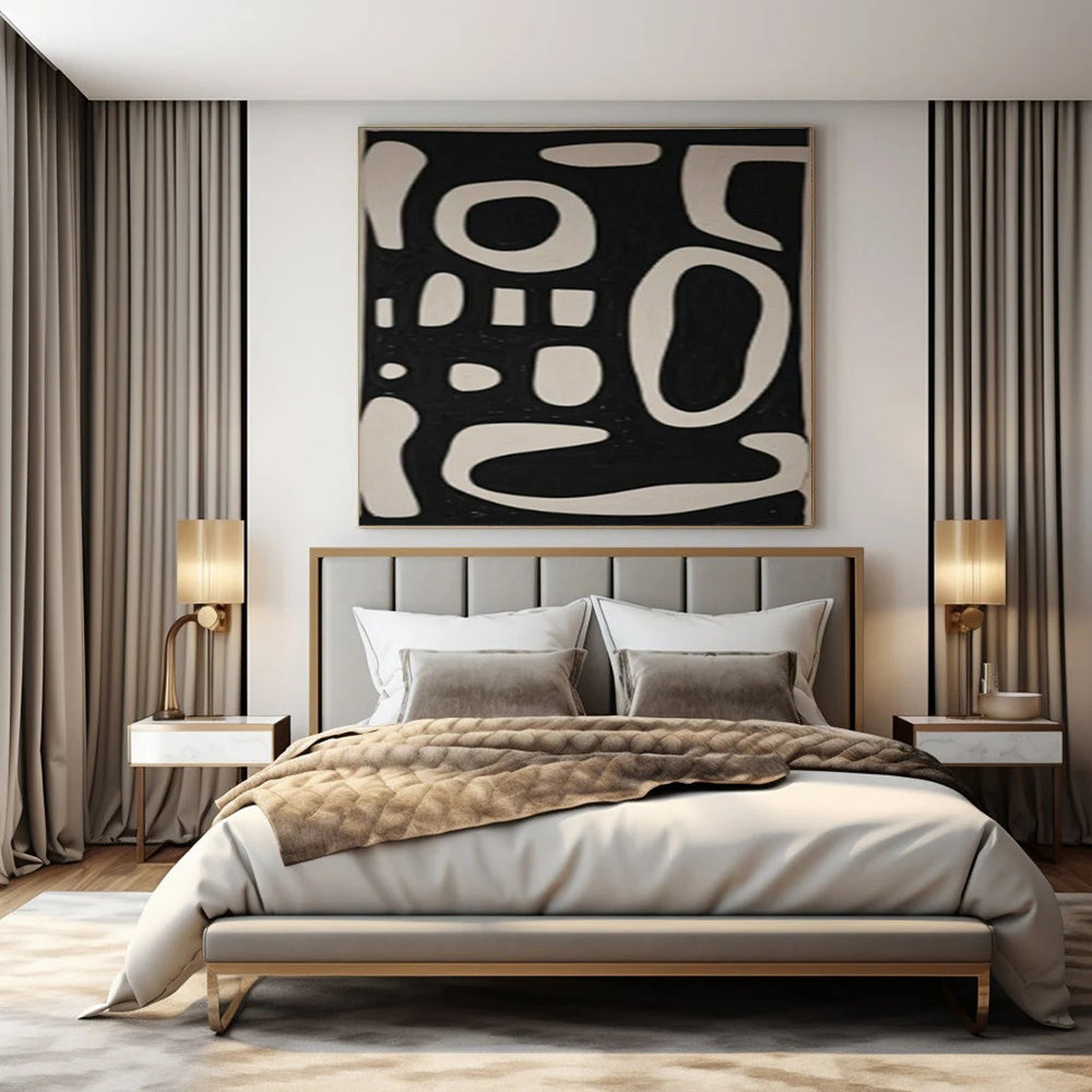 Black Background with White Curved Forms "Whimsical Silhouettes" Abstract Painting On Canvas PS1075