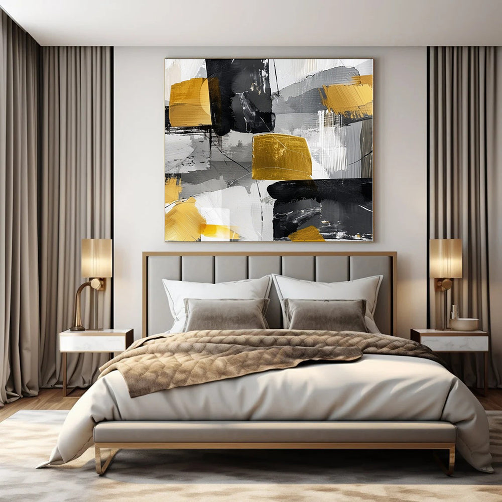 Gray, Gold, Black with Abstract Blocks "Gilded Geometry" Abstract Painting On Canvas PS1279