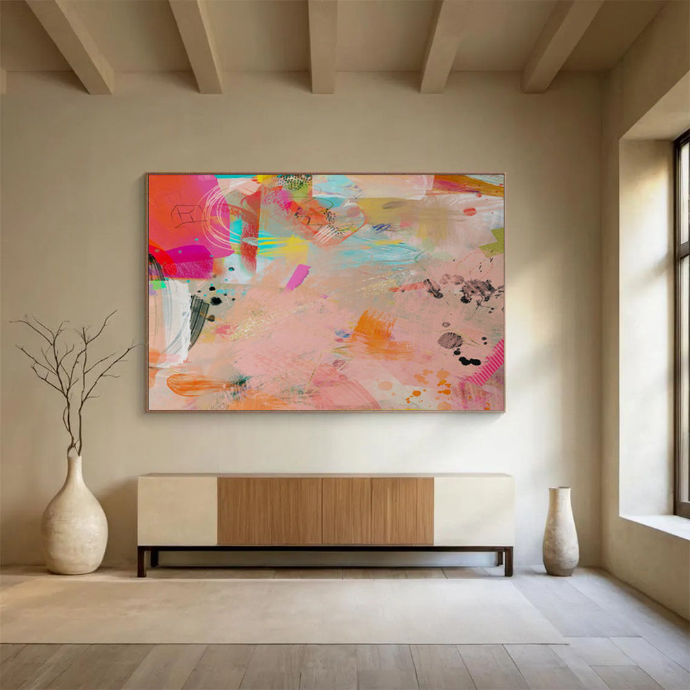 Pink - Toned Abstract with Splashes Painting On Canvas DKS079