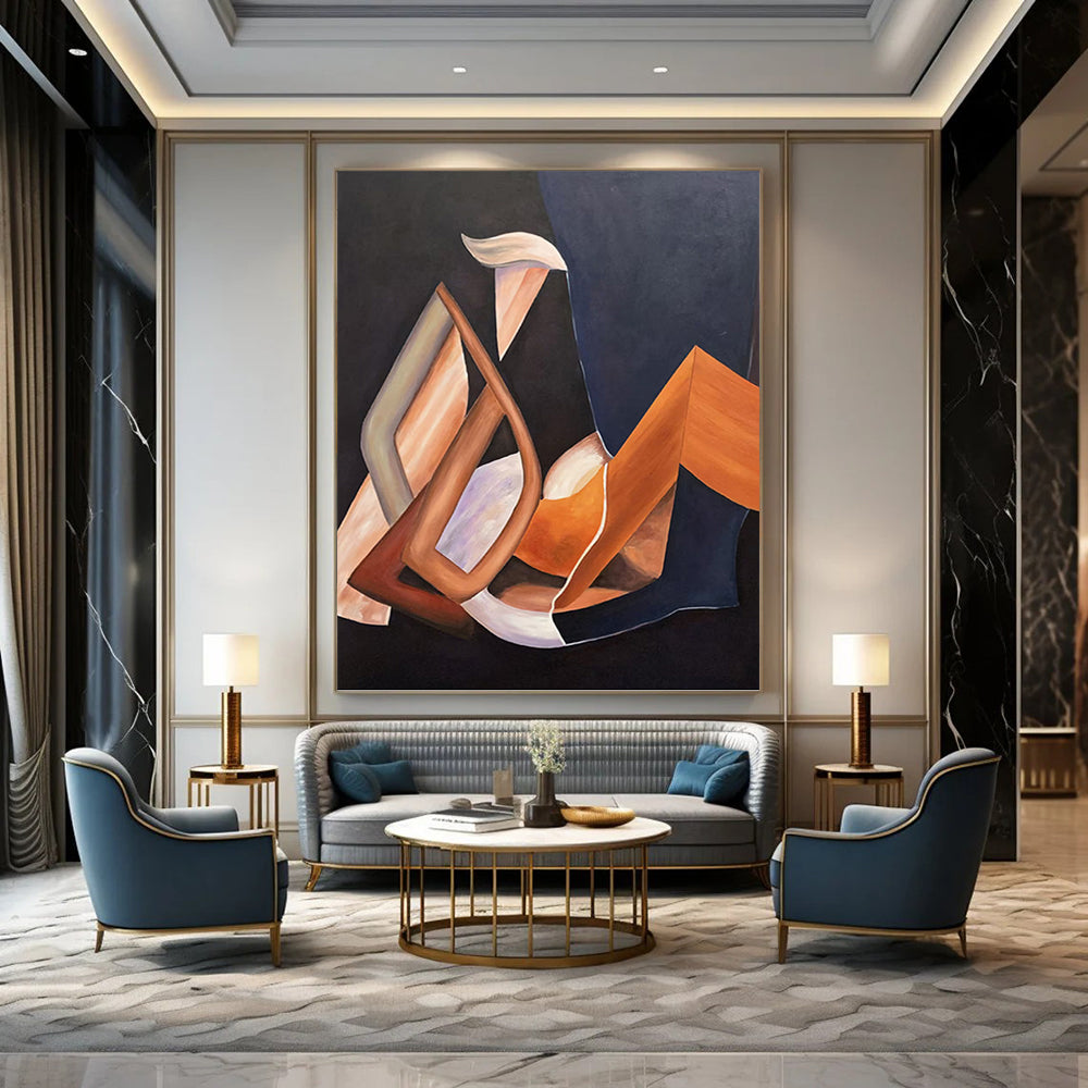 “Geometric Shapes: Brown, Orange, and Purple Abstract” - Cubist - Inspired Abstract Painting On Canvas PT0927