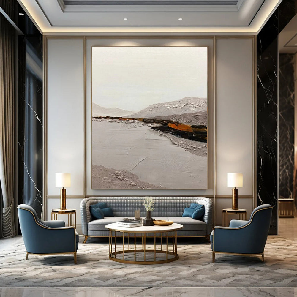 “Neutral Tones Landscape: Grey, White, and Subtle Orange” - Textured Landscape Painting On Canvas DS401