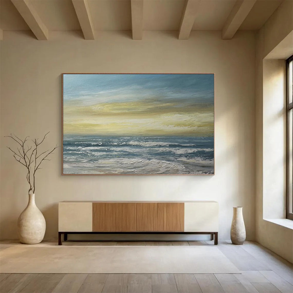 “Vibrant Coastal Sunset in Blues, Yellows & Whites” - Impressionistic Seaside Oil Painting On Canvas PT033