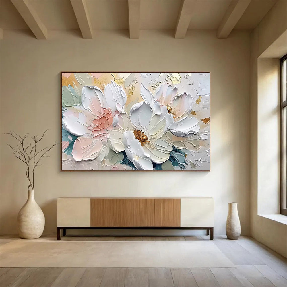 “Elegant White & Gold Florals” - Soft Pink, White & Gold 3D Flower, Textured Floral Painting On Canvas DKS712