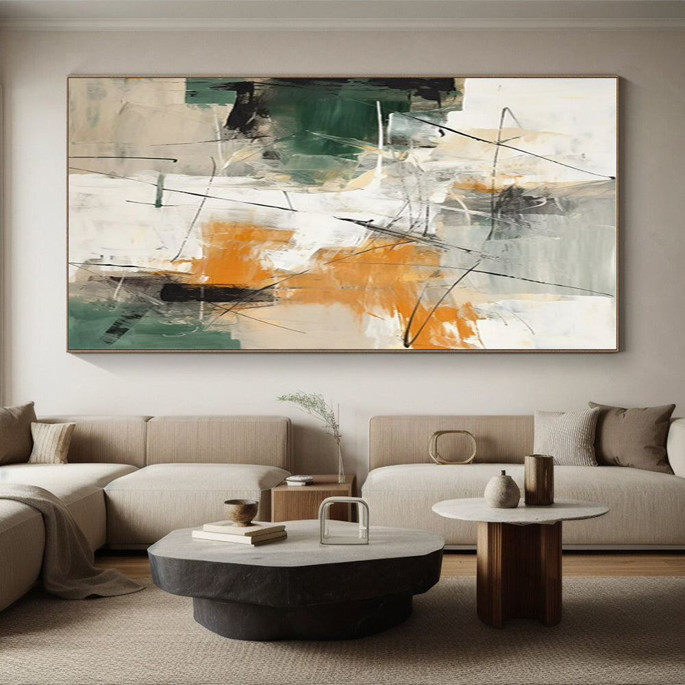 “Green - Orange - Grey Abstract Dynamic Strokes” Painting On Canvas PS0841
