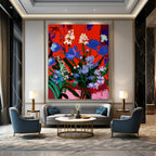 Vibrant Blooms: Blue Flowers on Red Painting On Canvas DS101