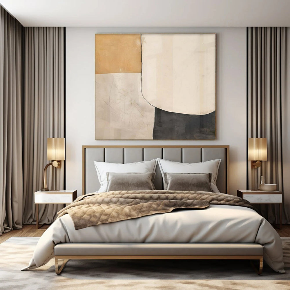 Beige, White, and Black Shapes "Classic Minimalism" Abstract Geometric Painting On Canvas PS1050