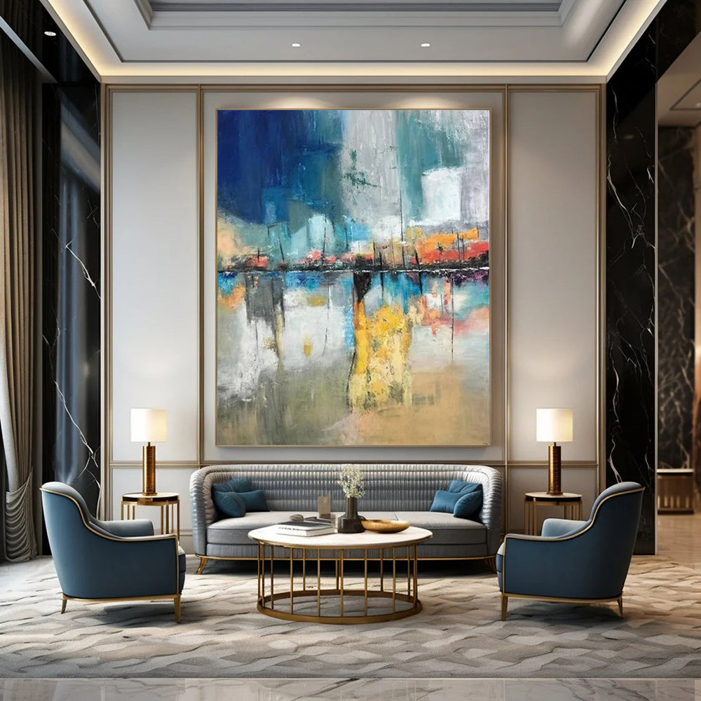 “Blue - Orange Cityscape” - Abstract Impressionist Painting On Canvas PT2331
