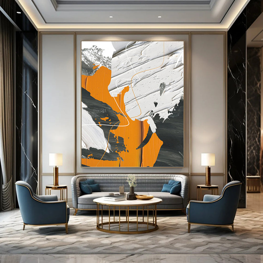 “Orange, Gray, and White Abstract” - Modern, Geometric - Styled Painting On Canvas PT1528