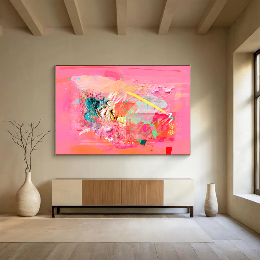 Pink - Dominant Mixed Media Abstract Painting On Canvas DKS028