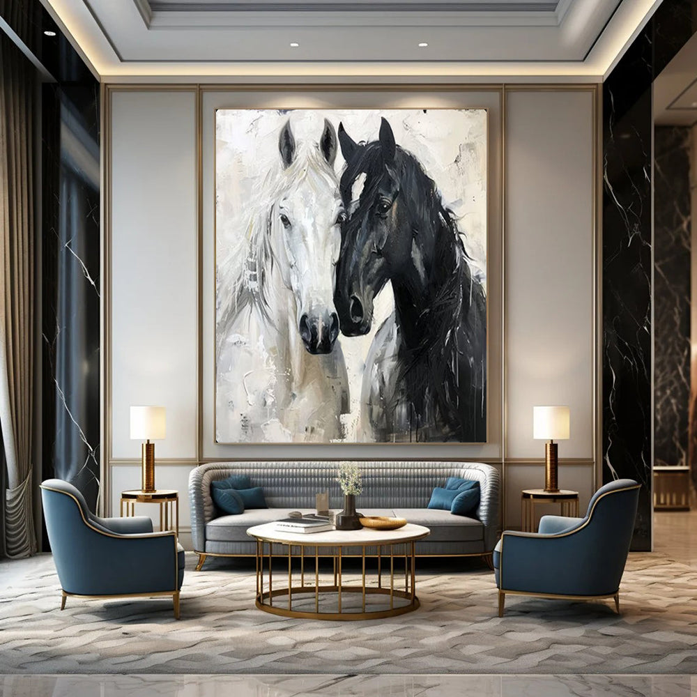 Black - White Horse Duo, Impasto Realist, Remington - Inspired, Painting On Canvas PT2122
