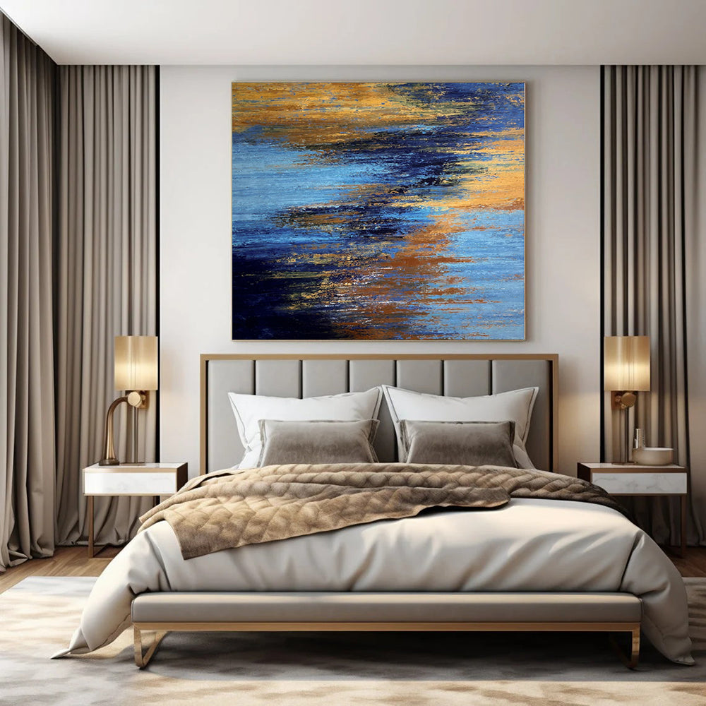 Blue and Gold Abstract Sunset - Textured Color Blends Painting On Canvas PS1234