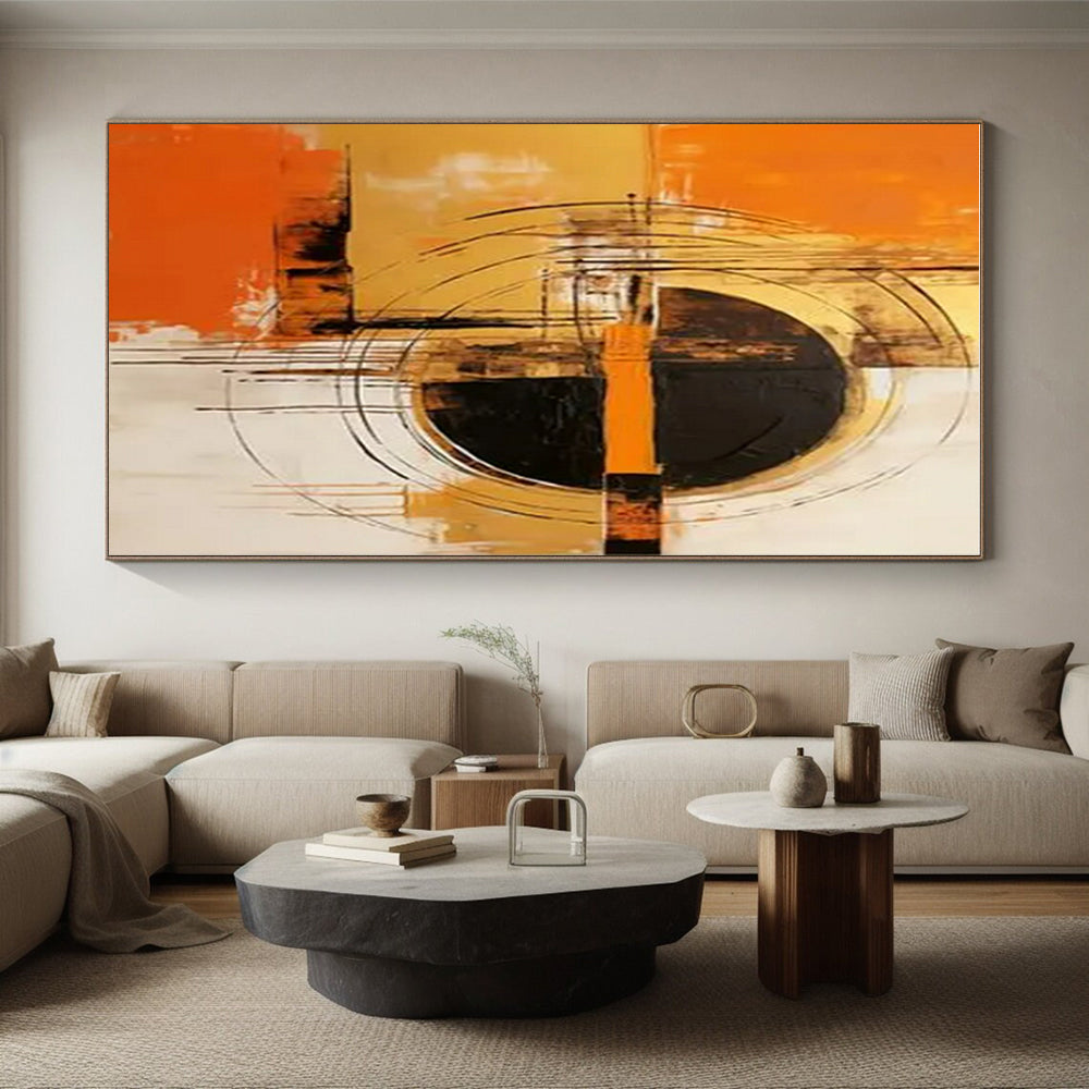 Orange, Gold, Black & White Geometric Abstract "Solar Pulse" Painting On Canvas PS0853