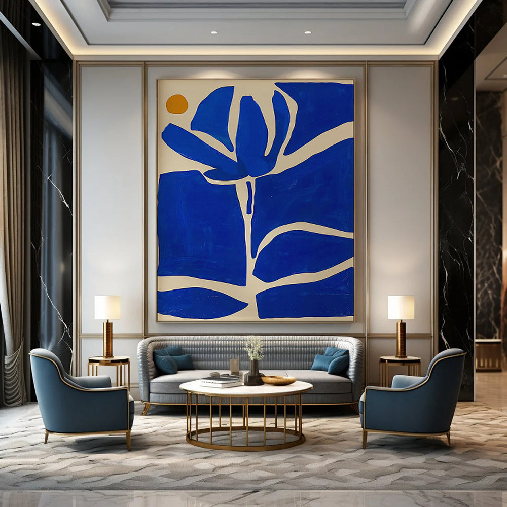 “Blue and Orange Floral Silhouette” - Minimalist Floral Painting On Canvas PT1834