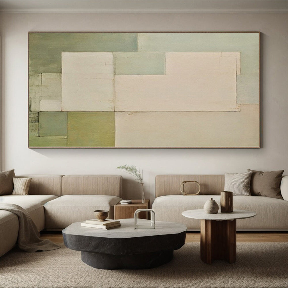 “Pale Green Geometry” - Pale Green, Beige Abstract Geometric Painting On Canvas PS0399