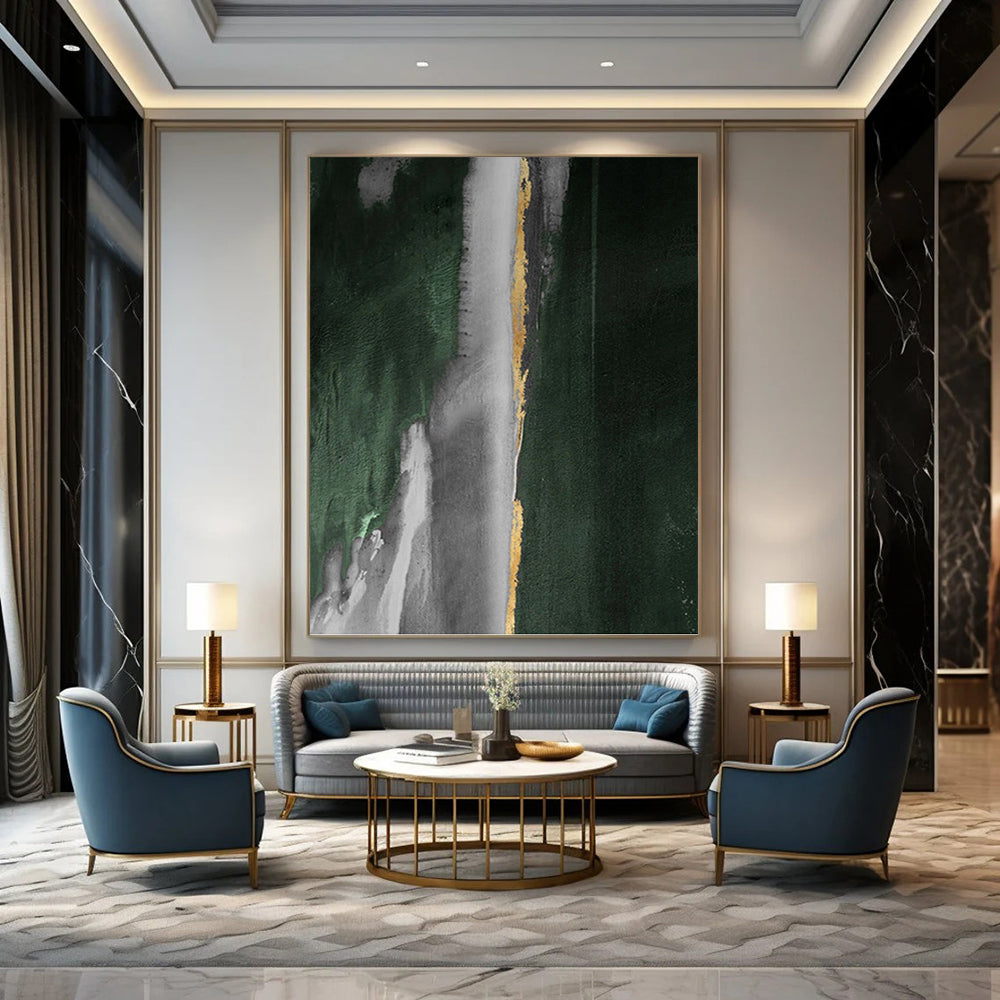 “Green - Grey - Gold Abstract Flow” - Abstract Expressionist Painting On Canvas PT1203