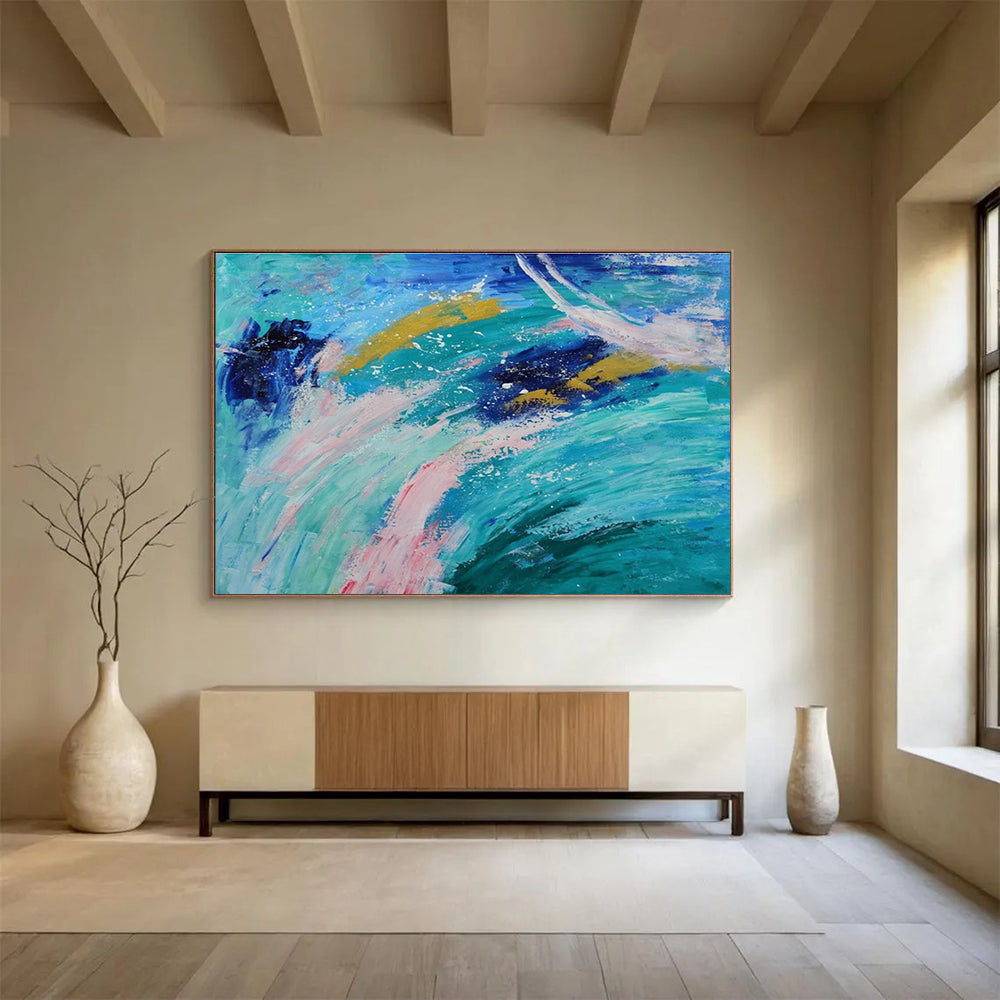 Ocean Waves Abstract: Blue, Green & Pink Expressionist Painting for Beach House & Coastal Café DKS654