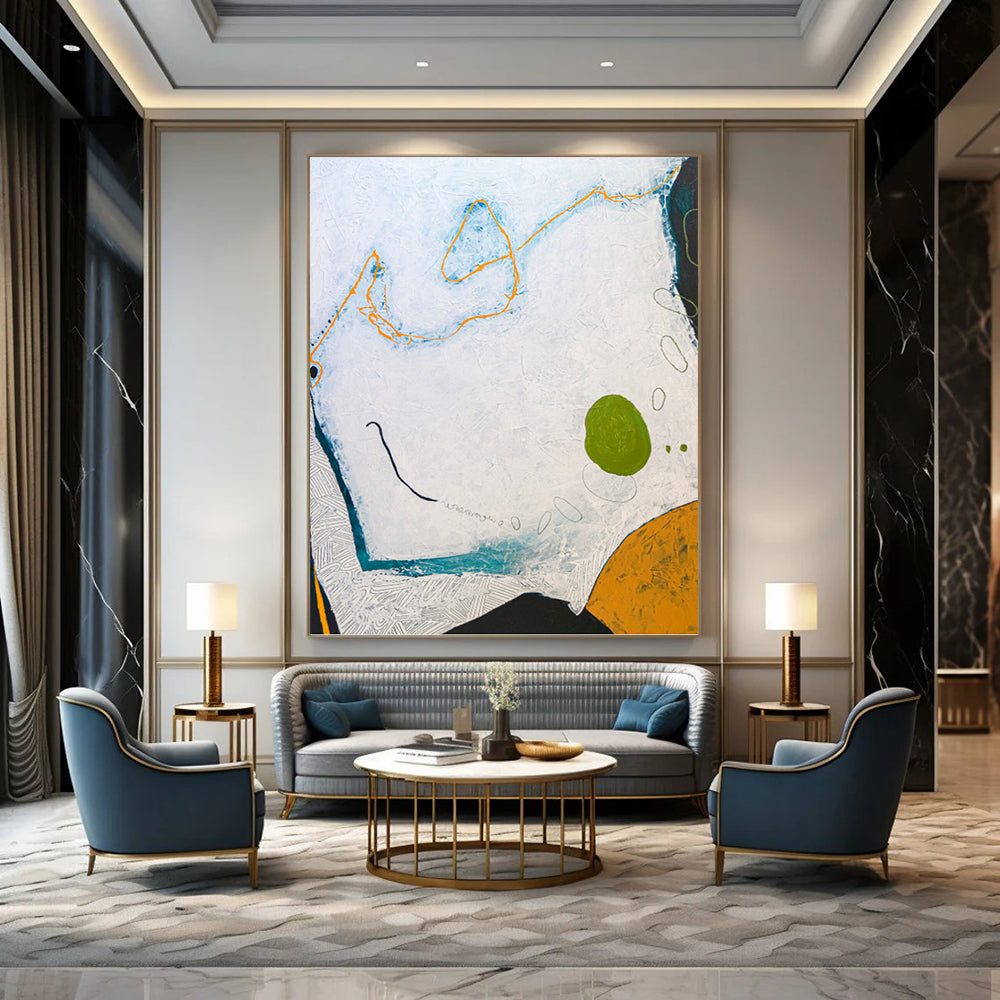 “White - Blue Abstract with Orange & Green” - Whimsical Abstract Painting On Canvas PT1110