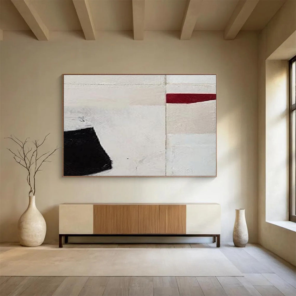 “Black, White, and Red Minimalist Abstract” - Geometric Abstract Painting On Canvas PT110