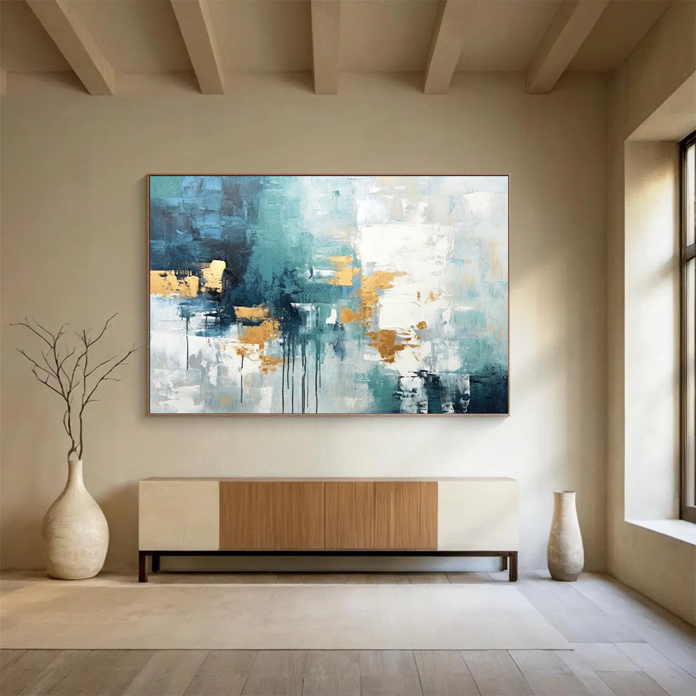 “Teal, Gray, and Gold Abstract Drips” - Modern Abstract Painting On Canvas PT073