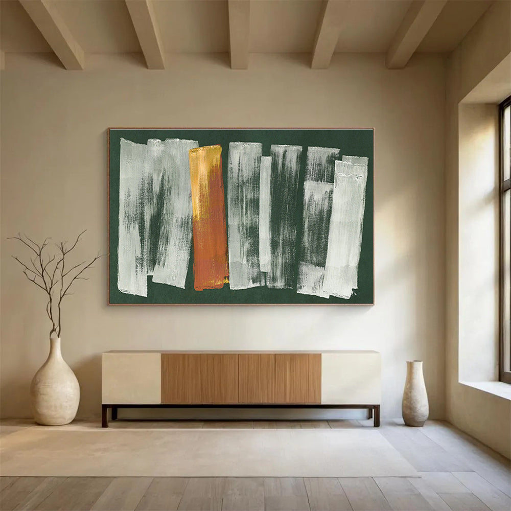 “Green Background with Gray and Gold Strokes” - Abstract Acrylic Painting, Great for Office & Living Room DKS612