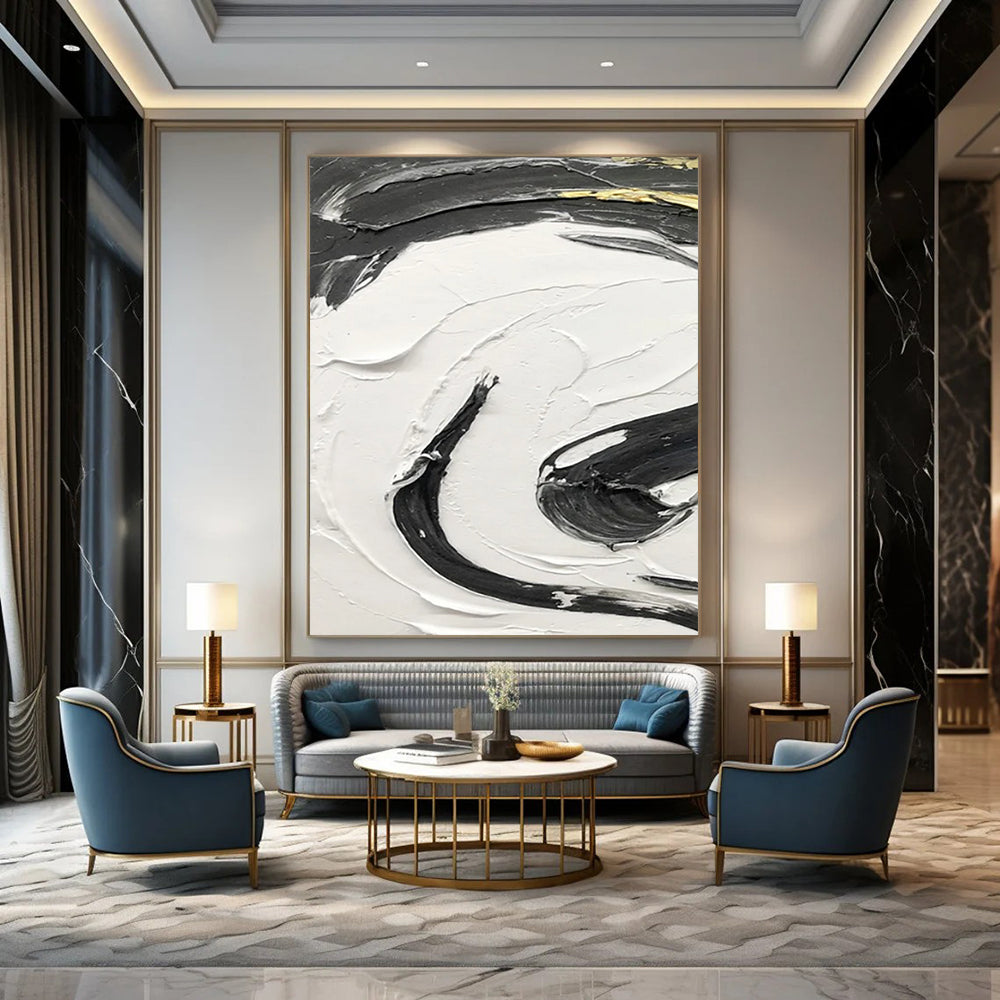 “Black, White, and Gold Swirl” - Luxurious Abstract Painting On Canvas DS378