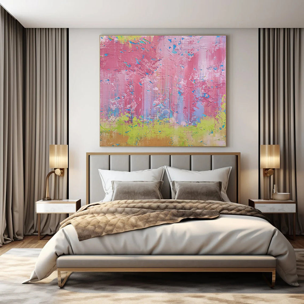 Pink, Blue, Green, Yellow with Thick Strokes "Blossom Rain" Abstract Painting On Canvas PS1402