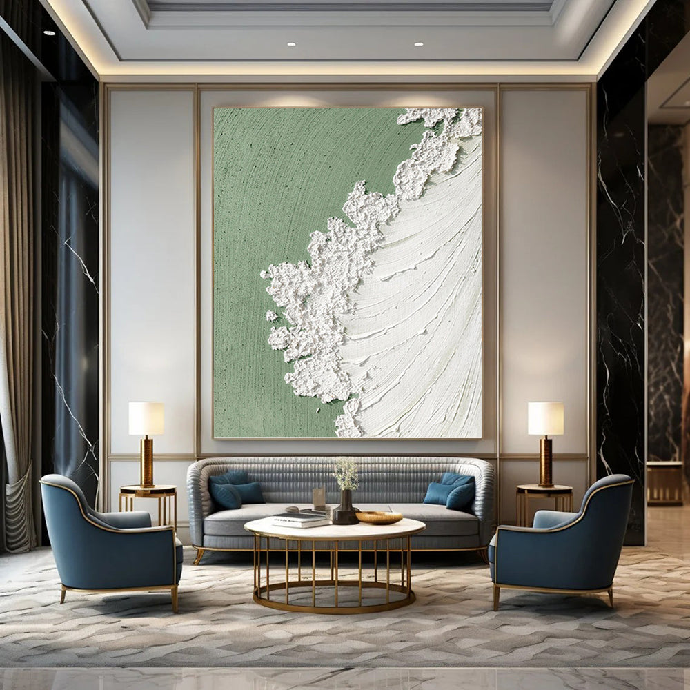 “Green and White Textured Abstract” - Abstract, Green - Accented Painting On Canvas PT1502