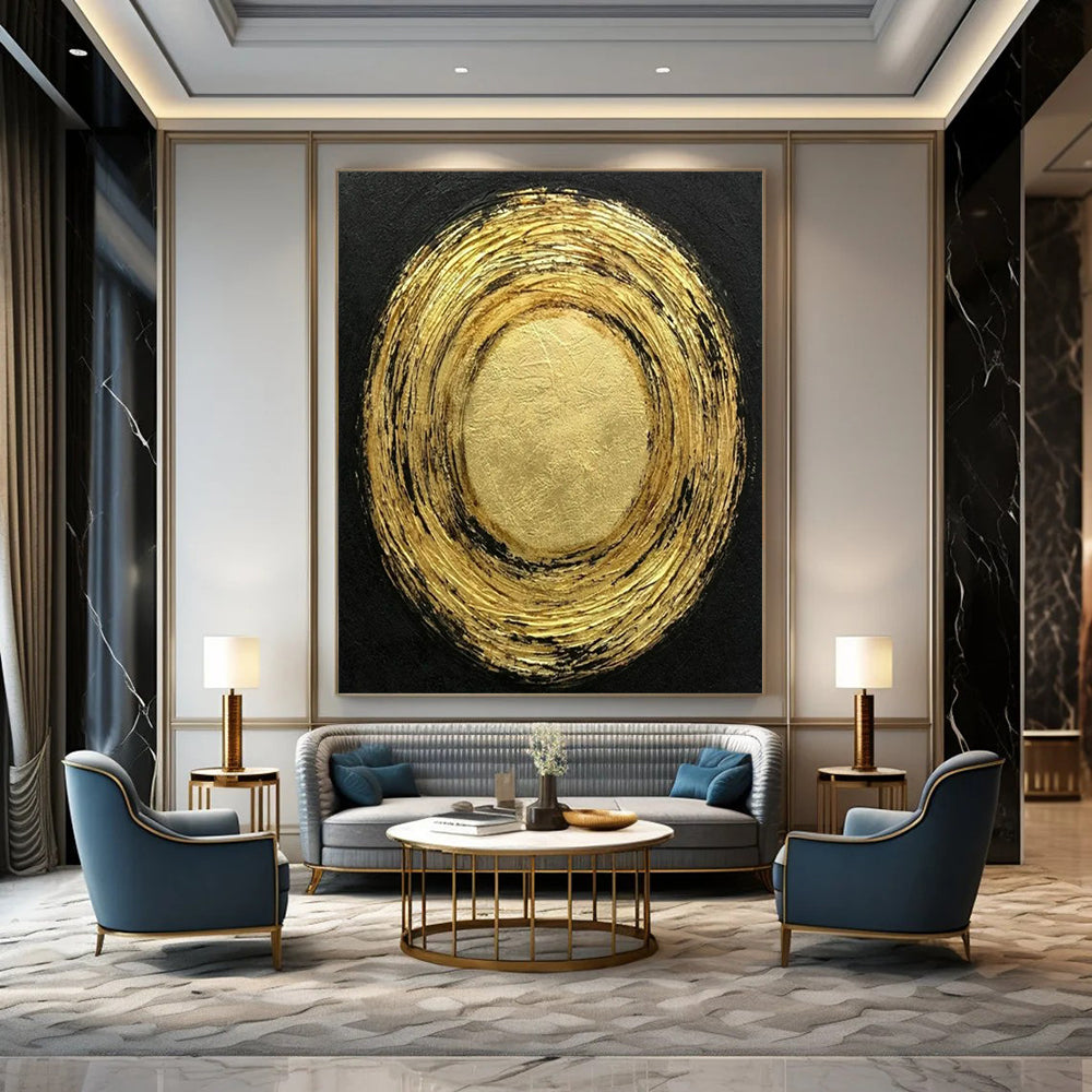“Gold - Black Circular” - Abstract Minimalist Painting On Canvas PT2330