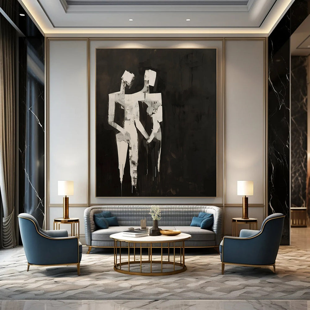 “Abstract Black and White Figures” - Cubist Abstract Painting On Canvas PT1934