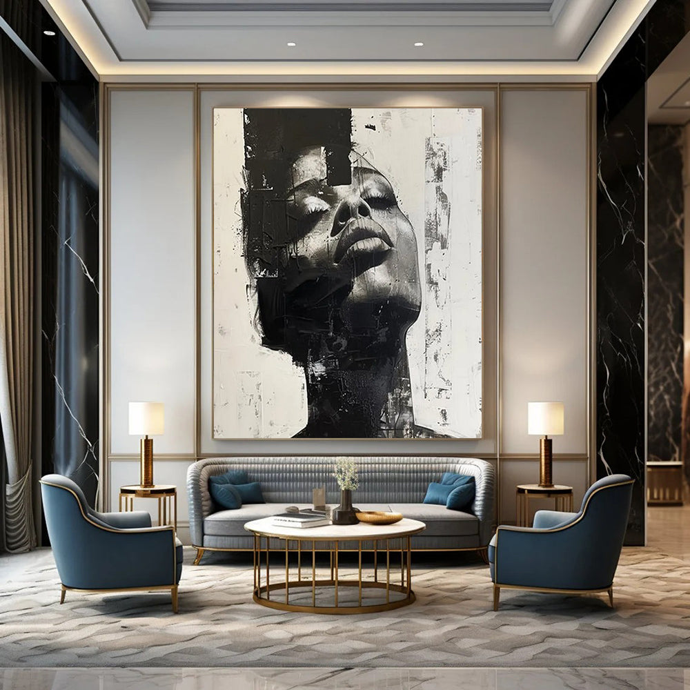 “Abstract Portrait” - Textured Black & White Facial Layers Painting On Canvas DS139