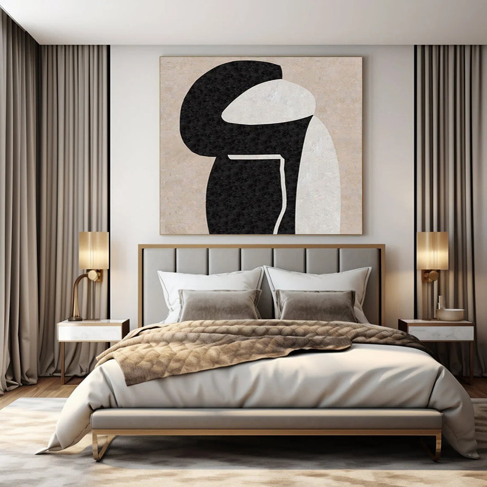 Black, White and Beige with Organic Shapes "Intimate Embrace" Abstract Painting On Canvas PS1134