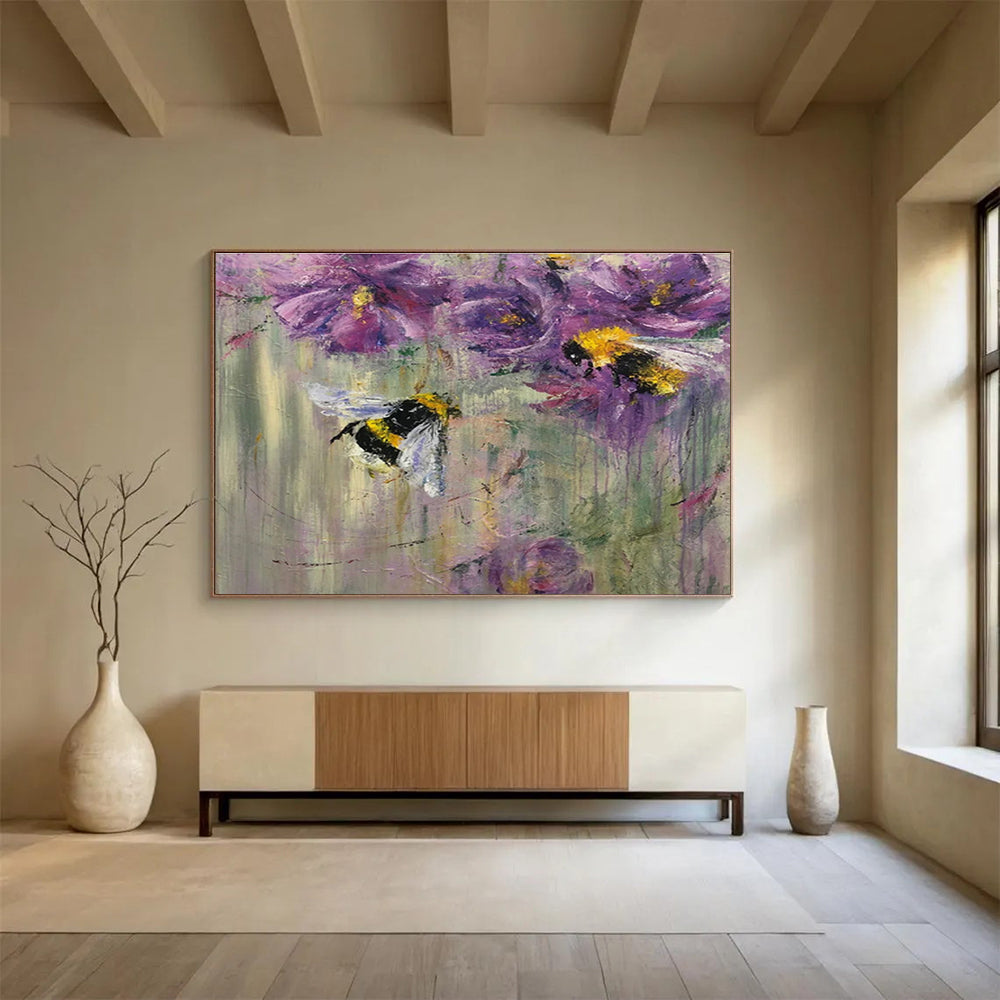 “Buzzing Bee & Flower Delight” - Purple Floral, Impressionistic Insect Painting On Canvas DKS718