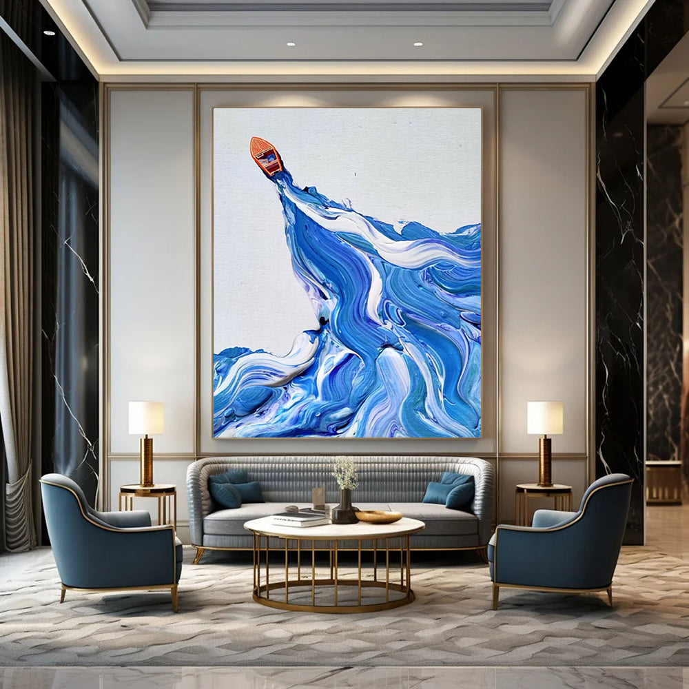 “Blue and White Wave with Orange Boat” - Dynamic Sea Scene Painting On Canvas DS321
