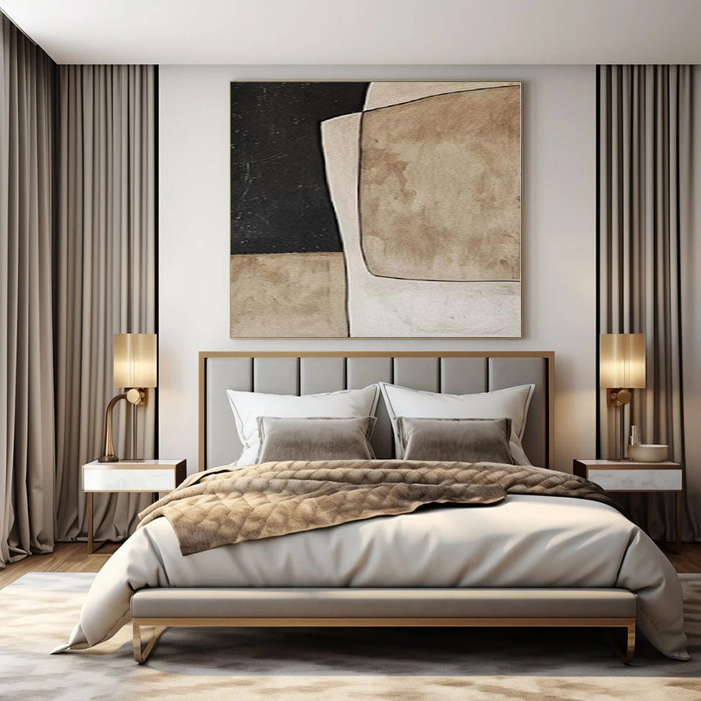 Beige, Black and White with Geometric Shapes "Vintage Geometry" Abstract Painting On Canvas PS1109